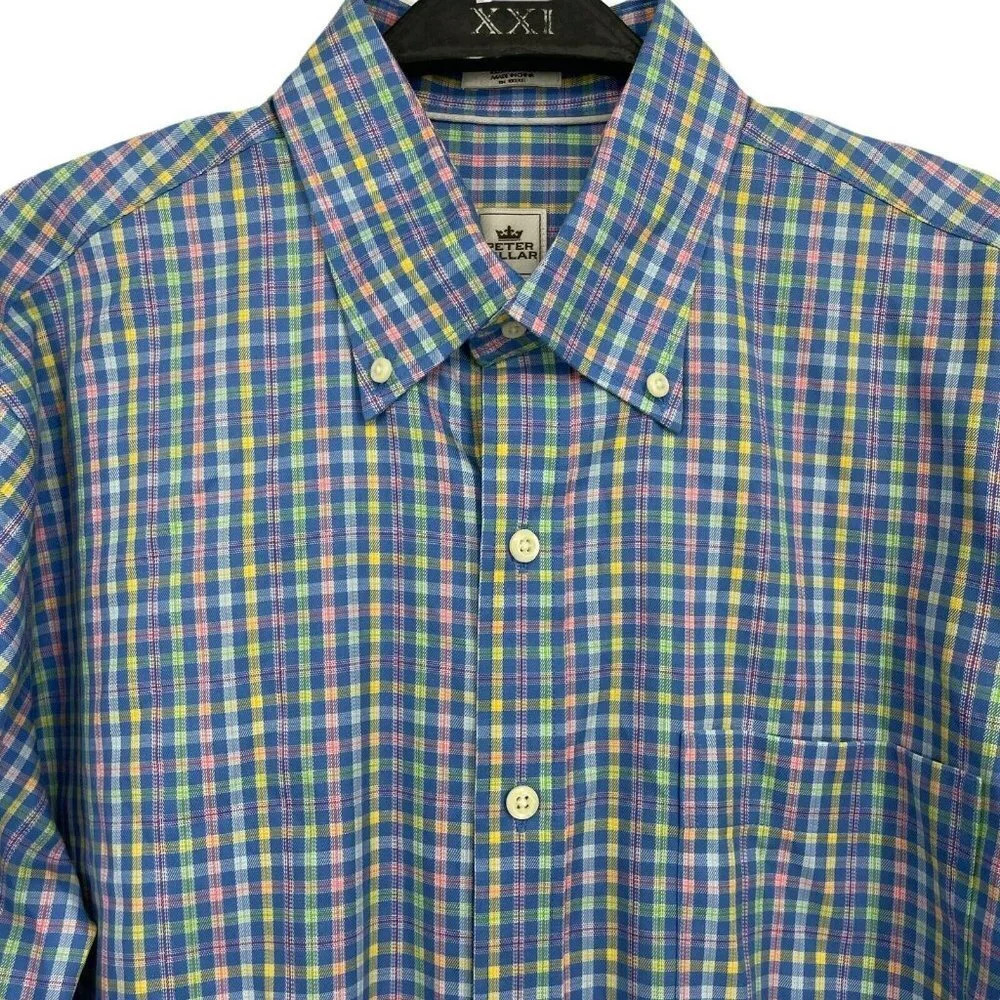 Peter Millar Shirt Men's M Blue Plaid Nanolux Easy Care Button Down Long Sleeves - Picture 4 of 8